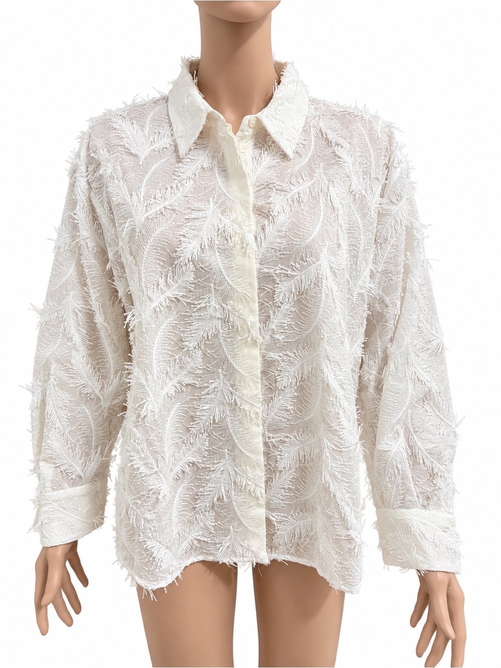 Zara White Fringed Textured Button-Up Shirt  NWOT - Picture 6 of 7